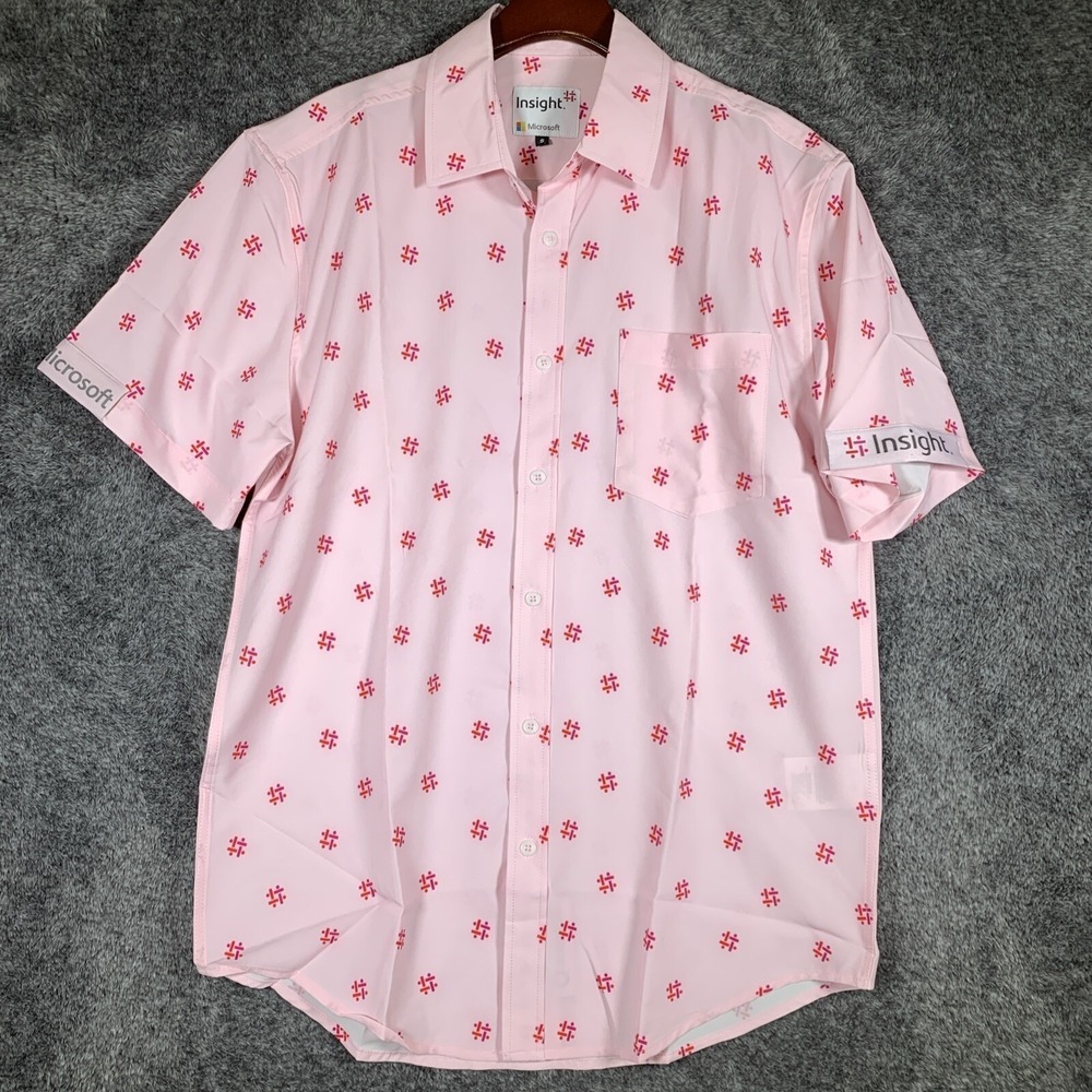 Microsoft Shirt Men's S Insight Logo All Over Button Up Short Sleeve Pink NEW!